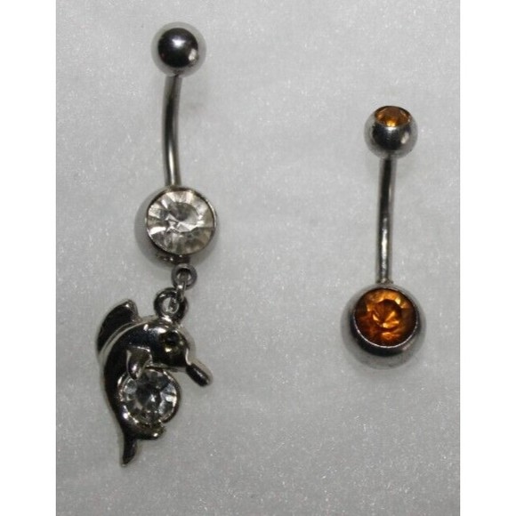 Dolphin & Gold Rhinestone Dangle Belly Rings (2) 14 Gauge Stainless Steel NIP - Picture 3 of 3